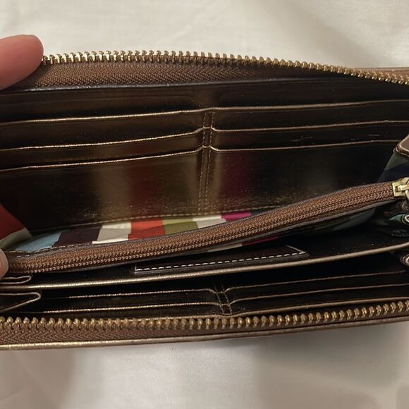 Coach Signature Brown Accordion Wallet with Satin Stripes in the interior - Picture 8 of 16